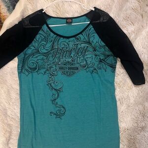 Harley-Davidson Women's Teal and Black Long Sleeve Tee